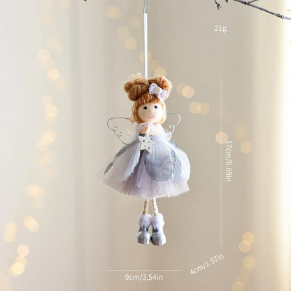 White mesh angel girl Christmas ornament with snowflake detail hanging demonstration