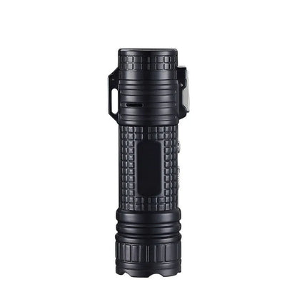 TH727 metal multi-tool lighter in camouflage colour showing torch, plasma arc, and integrated bottle opener.