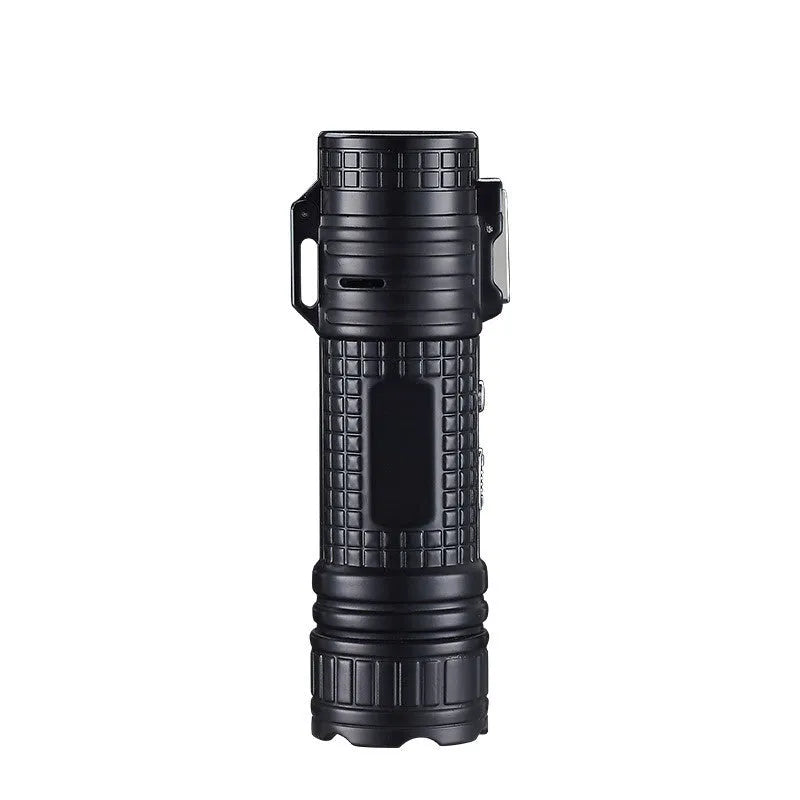 TH727 metal waterproof flashlight lighter in camouflage colour, showing ignition button and torch LED.