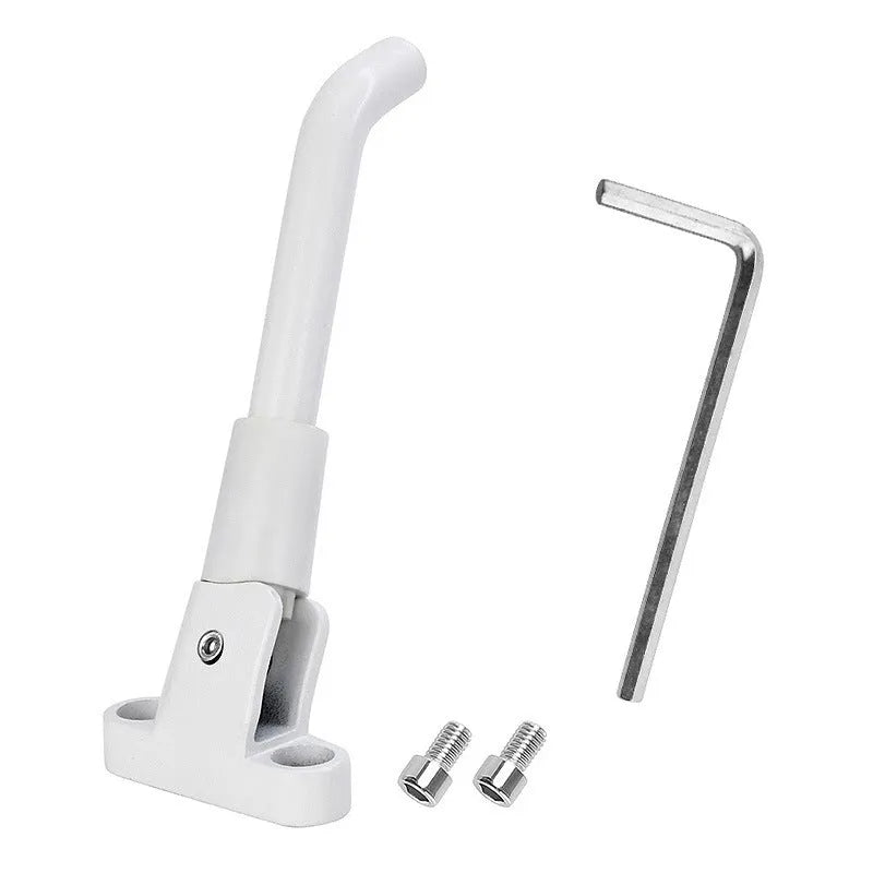 Aluminium electric scooter foot brace accessory in black, white and grey colours with mounting screws