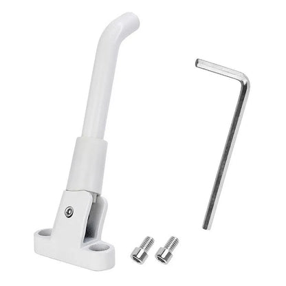 Aluminium electric scooter foot brace accessory in black, white and grey colours with mounting screws