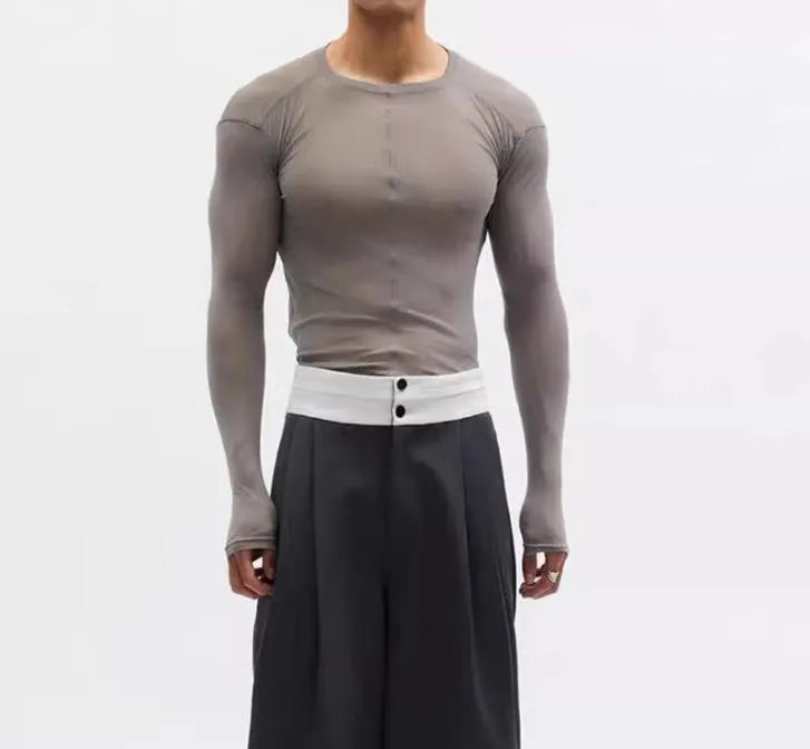 Black slim-fit mesh texture long sleeve pullover on a hanger.