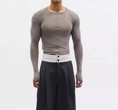 Black slim-fit mesh texture long sleeve pullover on a hanger.