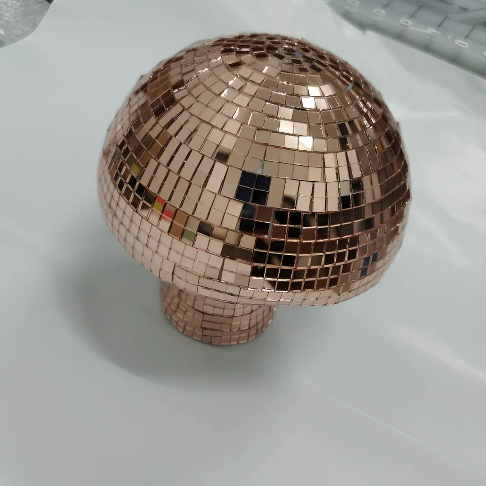 Handmade mirror glass mushroom ornament with geometric brick pattern in silver, gold, or rose gold