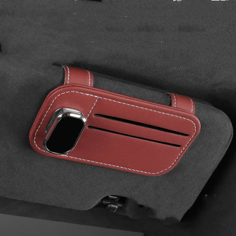 Leather car sun visor card holder with glasses clip in various colours