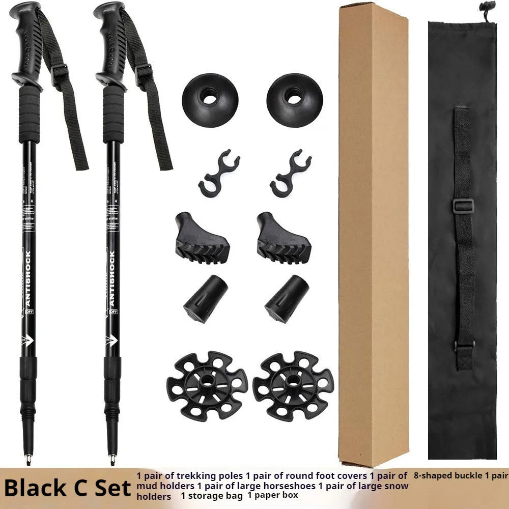 Aluminium alloy telescopic trekking pole extended with three straight handles and accessory attachments
