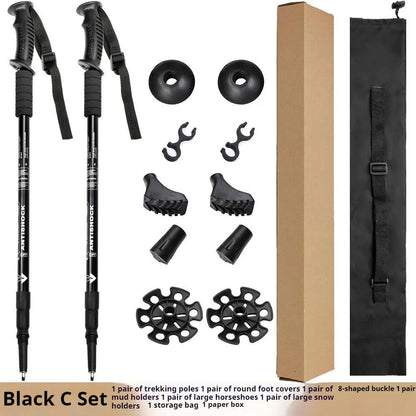 Aluminium alloy telescopic trekking pole extended with three straight handles and accessory attachments