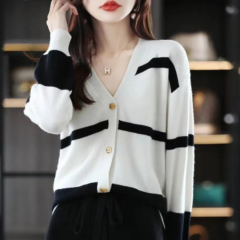 Women's black and white striped V-neck button cardigan with a 3D pattern and slim fit.