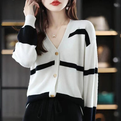 Women's black and white striped V-neck button cardigan with a 3D pattern and slim fit.