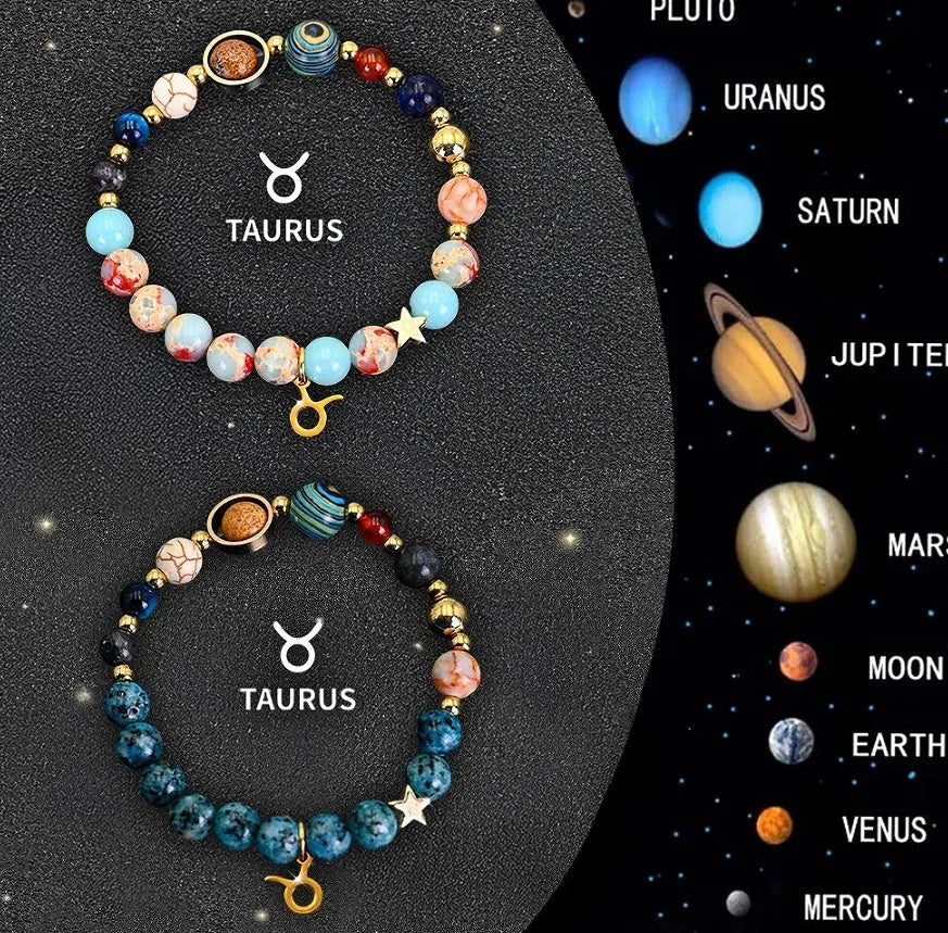 Natural stone zodiac bracelet set showing two adjustable bracelets with bead designs for astrological signs