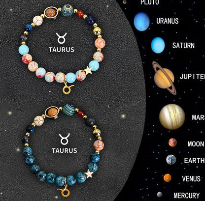 Natural stone zodiac bracelet set showing two adjustable bracelets with bead designs for astrological signs