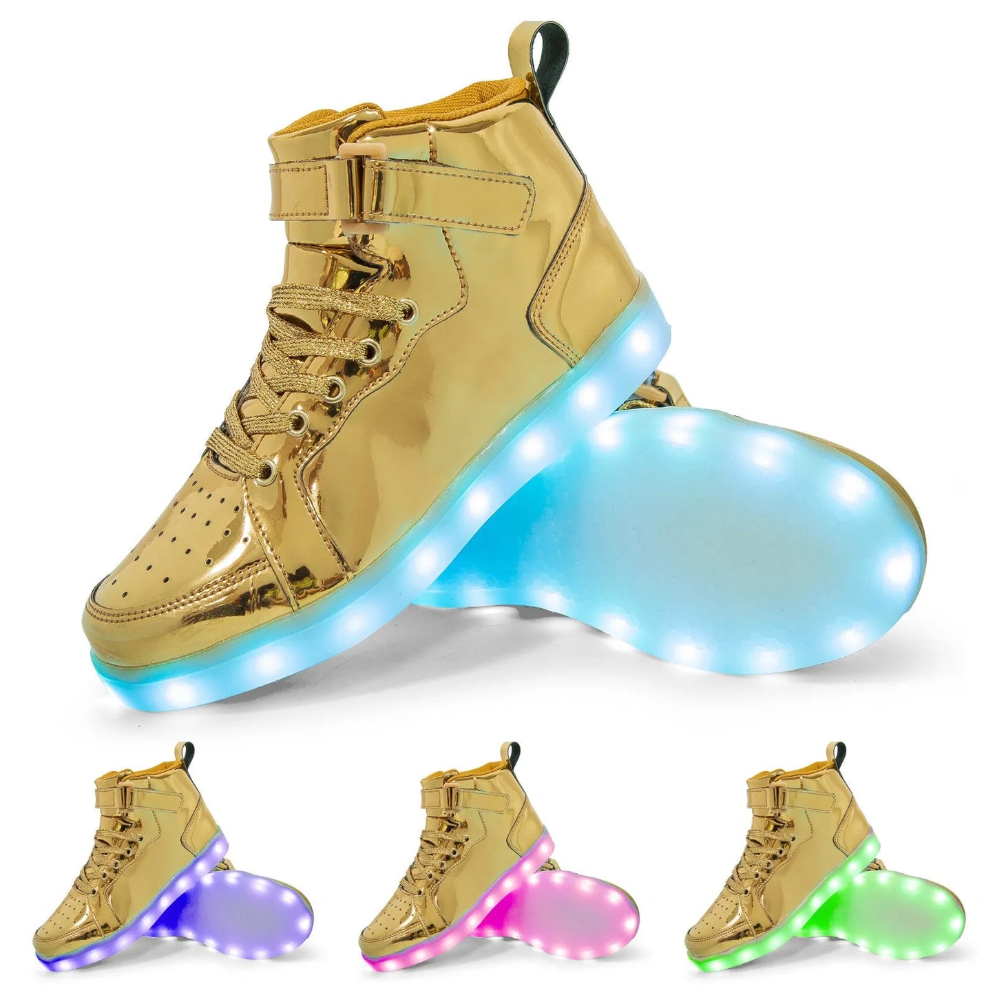 LED light-up high-top board shoes with velcro fastening in black, gold and white colours