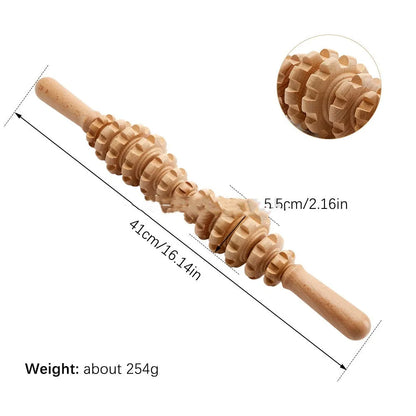 Wooden massage roller set with beechwood T-shaped roller, straight, curved and round massagers on a table.