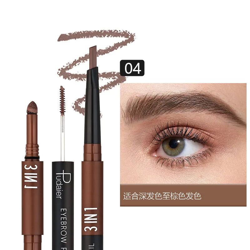 A double-headed waterproof eyebrow pencil with pencil and powder, shown in one of six colour styles.