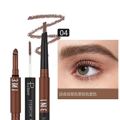 A double-headed waterproof eyebrow pencil with pencil and powder, shown in one of six colour styles.