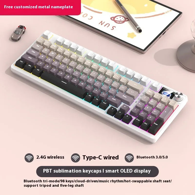 98-key wireless mechanical keyboard kit in black or white with optional LED screen and metal knob