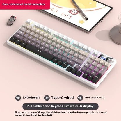 98-key wireless mechanical keyboard kit in black or white with optional LED screen and metal knob