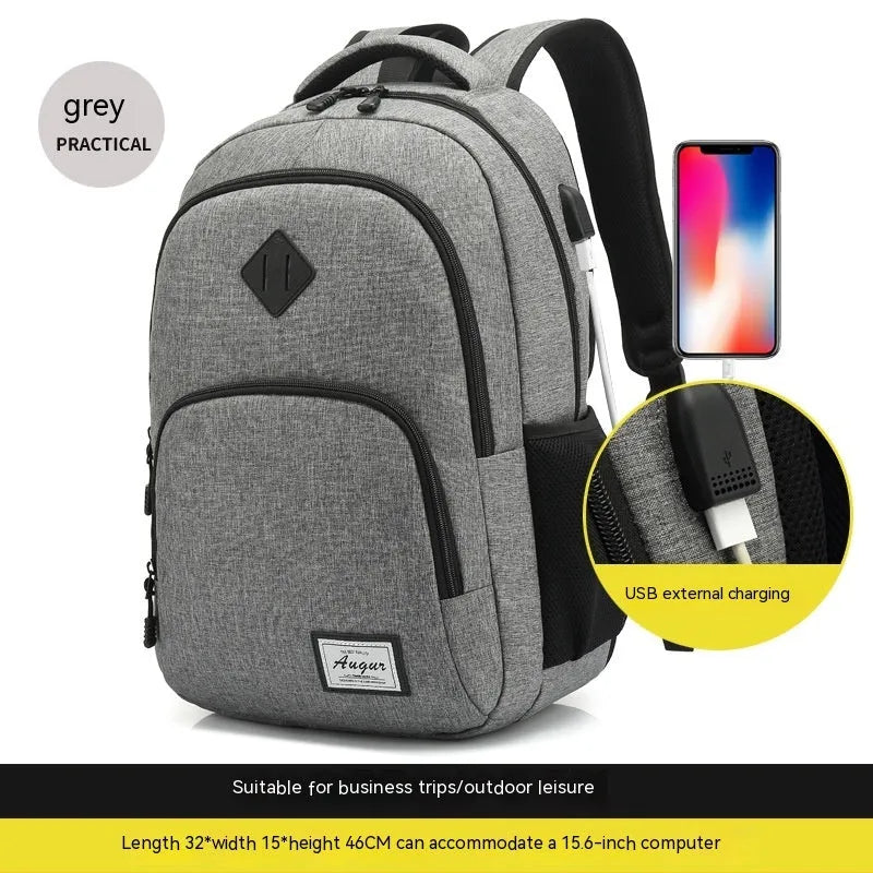 Grey lightweight backpack with USB charging port on shoulder strap.