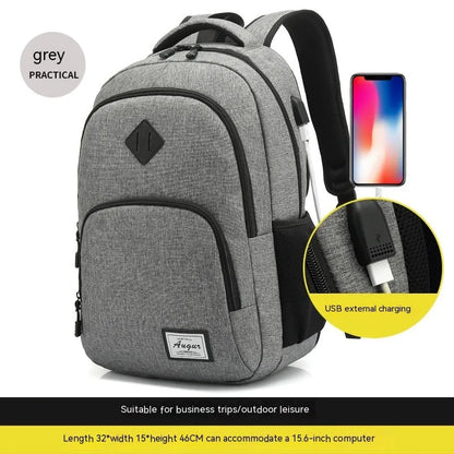 Grey lightweight backpack with USB charging port on shoulder strap.