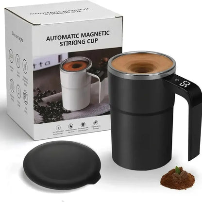 Electric coffee mug with USB charging port, magnetic stirrer, and LCD display showing temperature, in black or white colour.