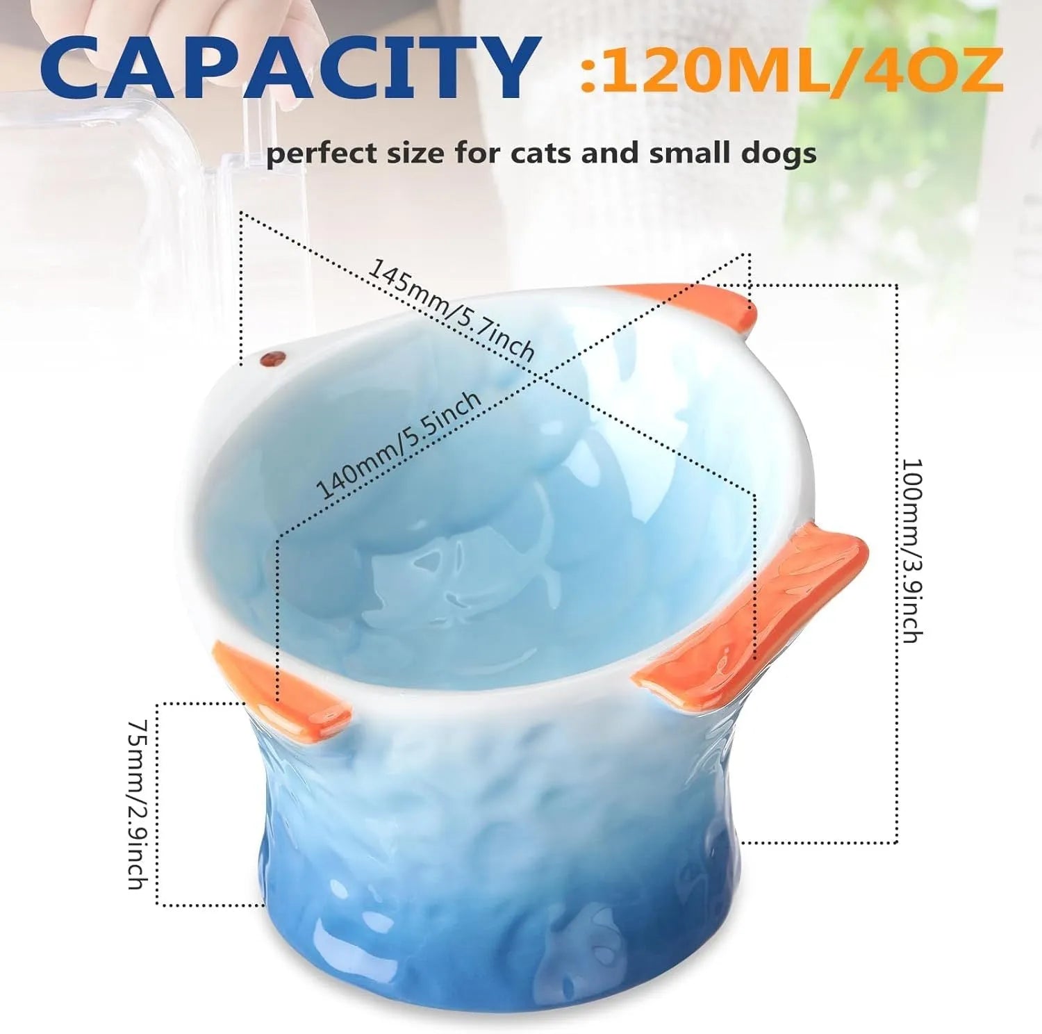 Set of four blue fish-shaped ceramic cat bowls with a tilted design on a wooden floor.