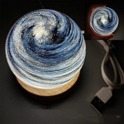 Planet night light with USB cable and base, showing 80mm model and three-colour dimming options