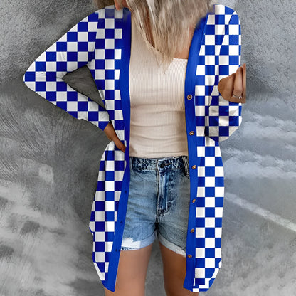 Women's long plaid knitted cardigan coat in polyester fabric with regular sleeves