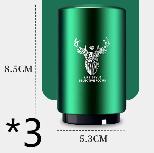 Stainless steel automatic bottle opener measuring 8.4 cm by 5.3 cm on a kitchen counter