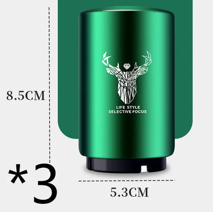 Stainless steel automatic bottle opener measuring 8.4 cm by 5.3 cm on a kitchen counter