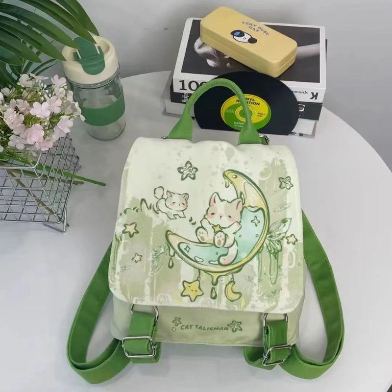 Mint Green Polyester Backpack 23x10x25cm Cute Daily Casual Bag with Sandwich Pocket Canvas Lining and Splicing Detail for Everyday Use