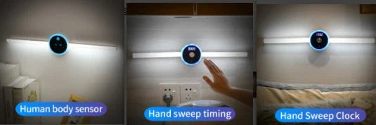 Multifunctional LED cabinet light with clock, motion sensor, and versatile features for home and office organization