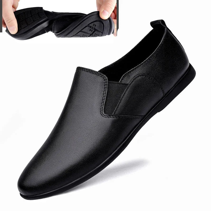 Men's black and brown leather dress shoes with round toe and breathable design