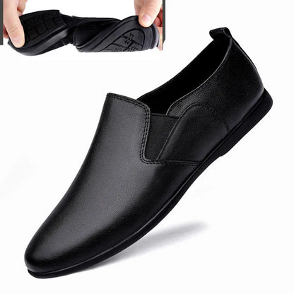 Men's black and brown leather dress shoes with round toe and breathable design