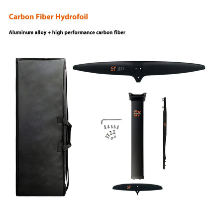 Black carbon fibre and aluminium racing hydrofoil for surfboards with large front wing.