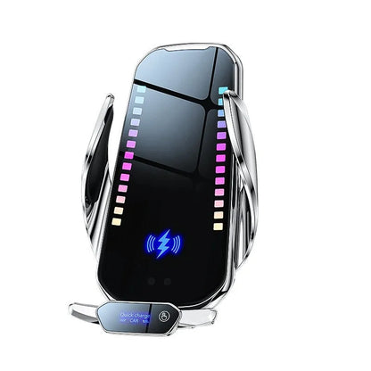 Car mobile phone holder with wireless charging and clamping mechanism in silver finish