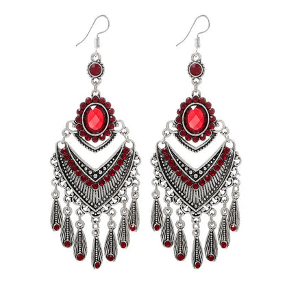 Purple drop-shaped alloy earrings with long fringe and crystal details on a retro style.