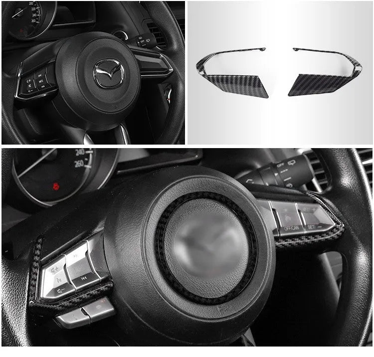 Carbon fibre patterned left and right steering wheel frame overlays for car interior upgrade.