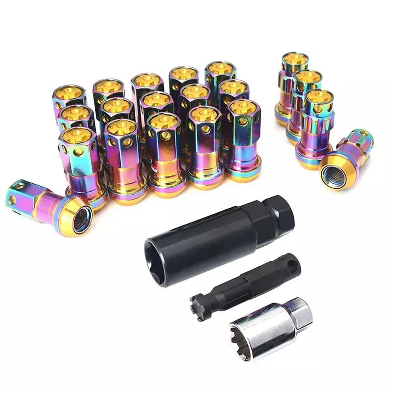 Set of aluminium alloy wheel hub nuts in various colours including red, gold, blue, purple and black combinations