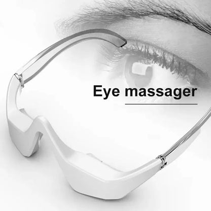 3D Eye Beauty Instrument micro-current massager in pink or white, showing glasses-like design and one-button control for eye relaxation