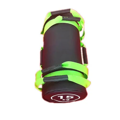 White PVC training sandbag with leather exterior shown in gym setting with weight options from 5kg to 30kg