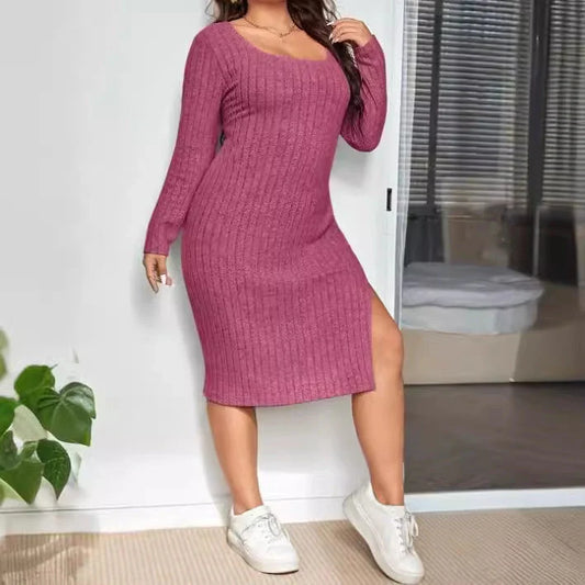 Slim-fit knitted dress with sunken stripe design in rose red and light grey