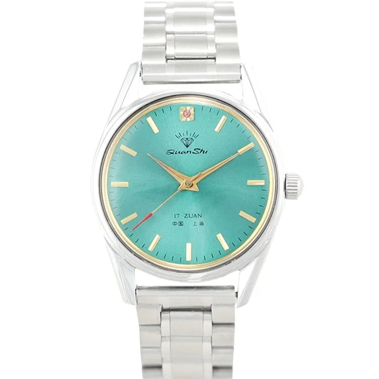 Men's wristwatch with a green dial and a black leather strap