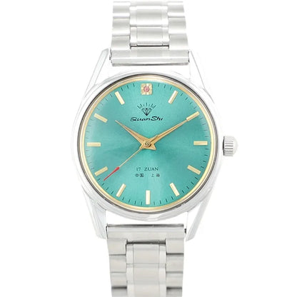 Men's wristwatch with a green dial and a black leather strap