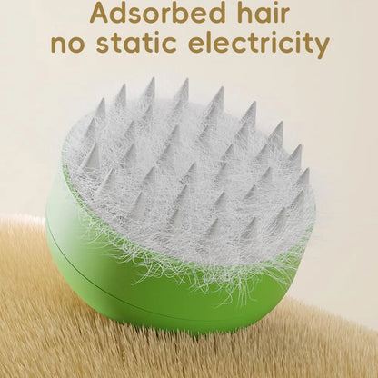 Green and yellow rechargeable cat steam brush with silicon bristles, measuring 85x85x52mm
