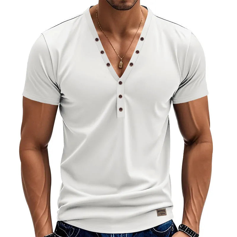 Men's loose V-neck pullover with button detail in a solid colour.