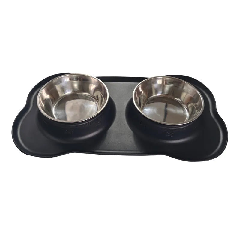 Large silicone dog bowl with stainless steel insert in five colour options on kitchen floor