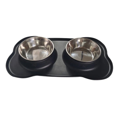 Large silicone dog bowl with stainless steel insert in five colour options on kitchen floor
