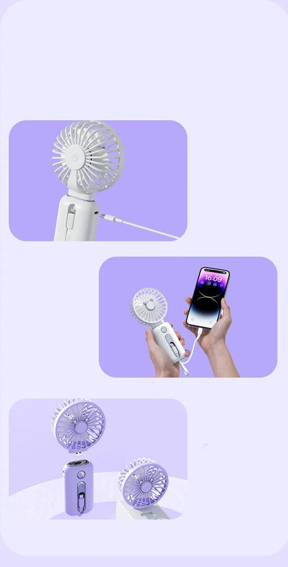 Purple handheld USB fan with power bank ports, shown with a white USB cable.