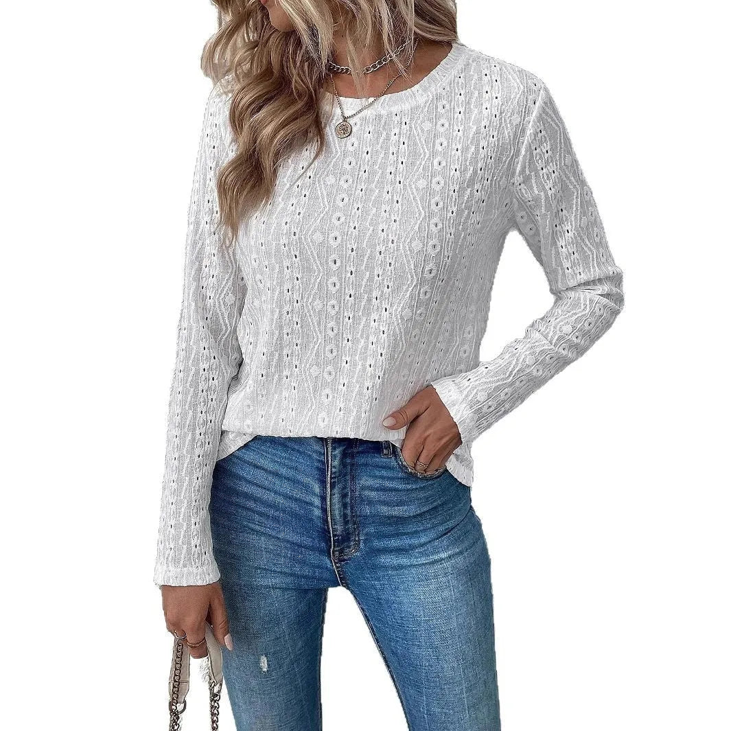White loose fit long sleeve round neck polyester t-shirt laid flat