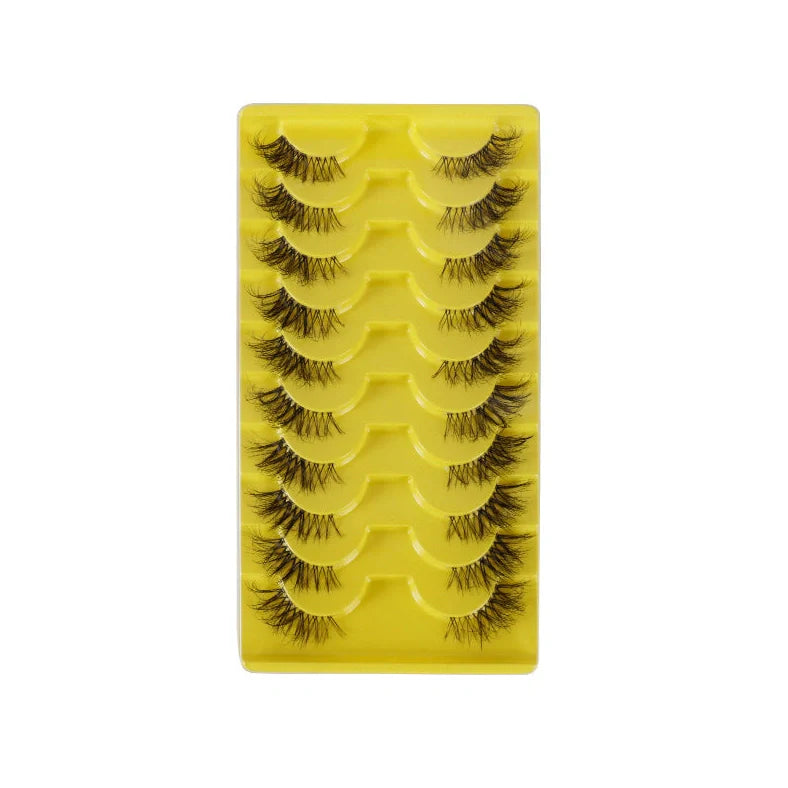 10 pairs of 3D multi-layer false eyelashes showing five different style options with black and transparent stems